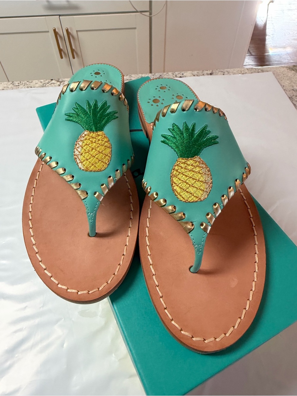 Jack Rogers Turquoise Pineapple Leather Thong Sandals